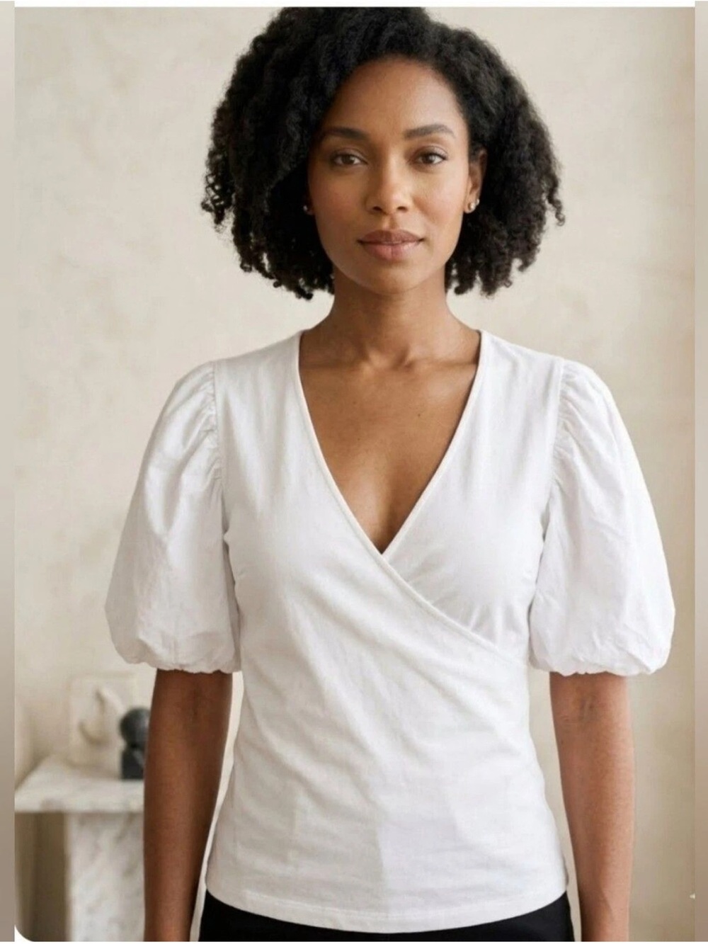 Maeve Anthropologie White V-Neck Short Puff-Sleeve Wrap Top Sz S